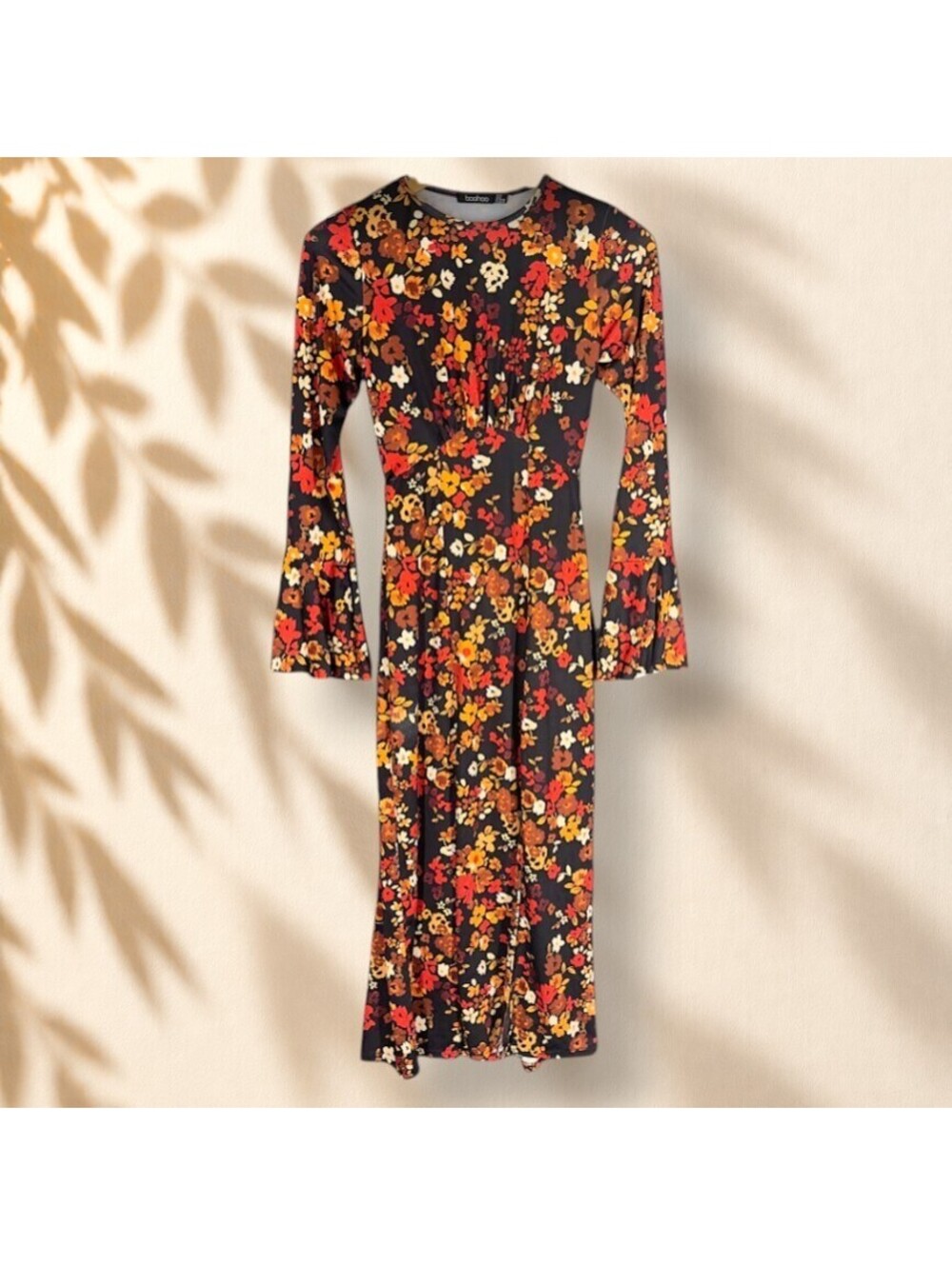 Boohoo Dress Women 2 Black Floral Sheath Midi Long Sleeve Crew Neck Casual